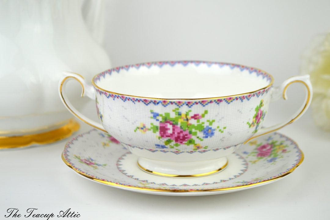 Royal Albert Petit Point Double Handled Cream Soup Bowl, ca.1940 The