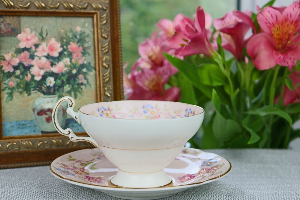 Old Royal Pale Pink Floral Teacup And Saucer With Gold Accents The