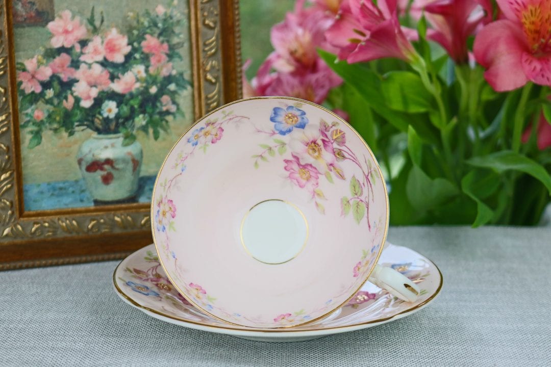 Old Royal Pale Pink Floral Teacup And Saucer With Gold Accents The