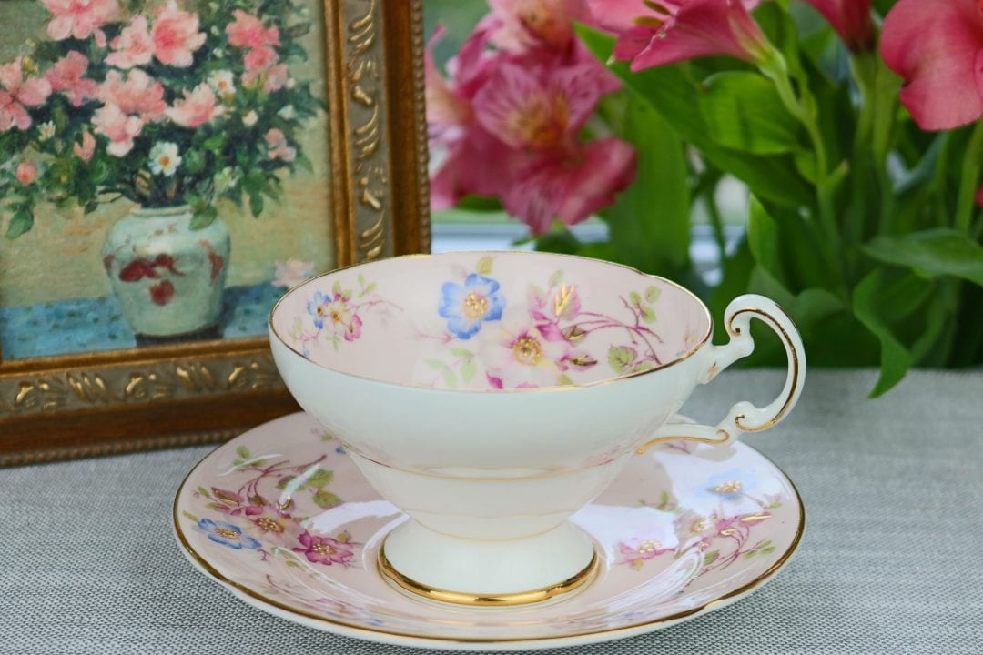 Old Royal Pale Pink Floral Teacup And Saucer With Gold Accents The