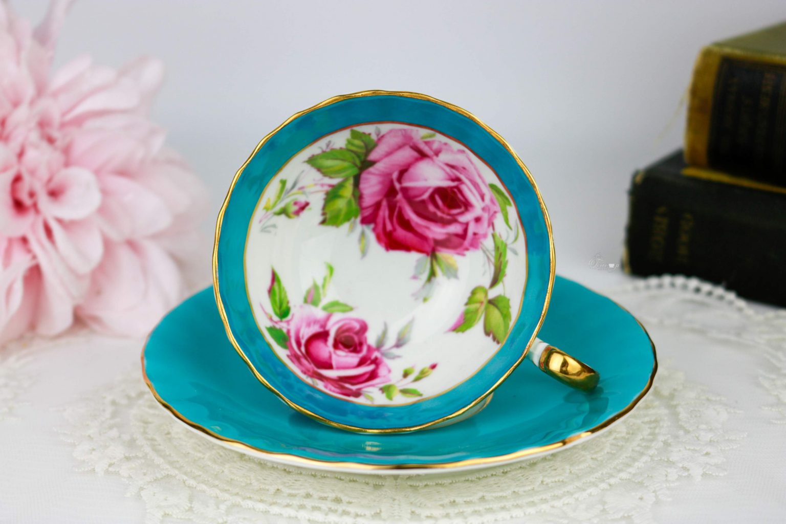 Aynsley Turquoise Blue and White Oban Teacup and Saucer with Large Pink