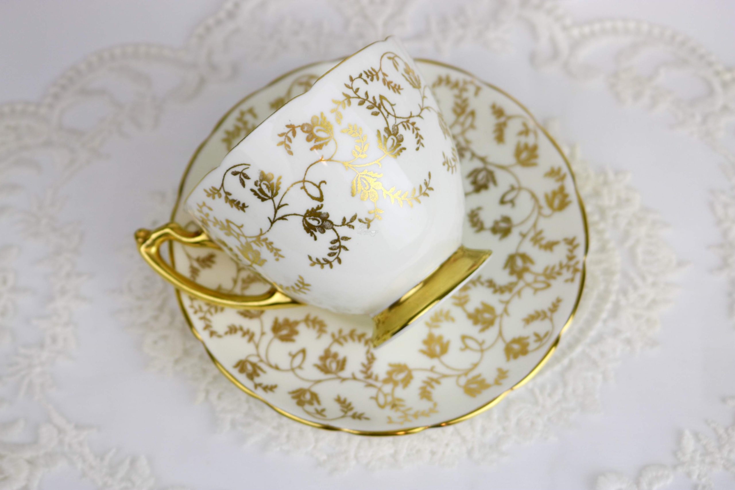 Coalport White and Gold Teacup and Saucer The Teacup Attic