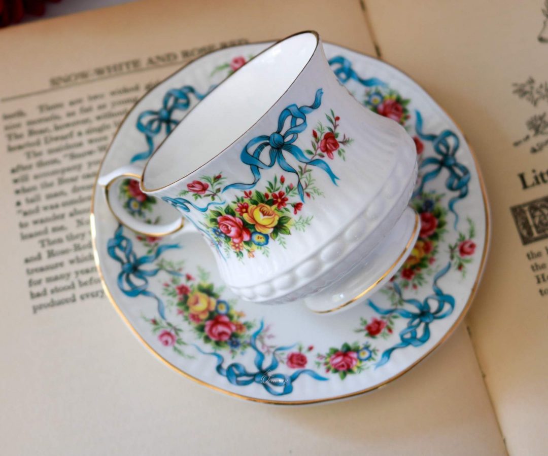 Queen's Bone China Teacup and Saucer With Ribbons and Flowers The