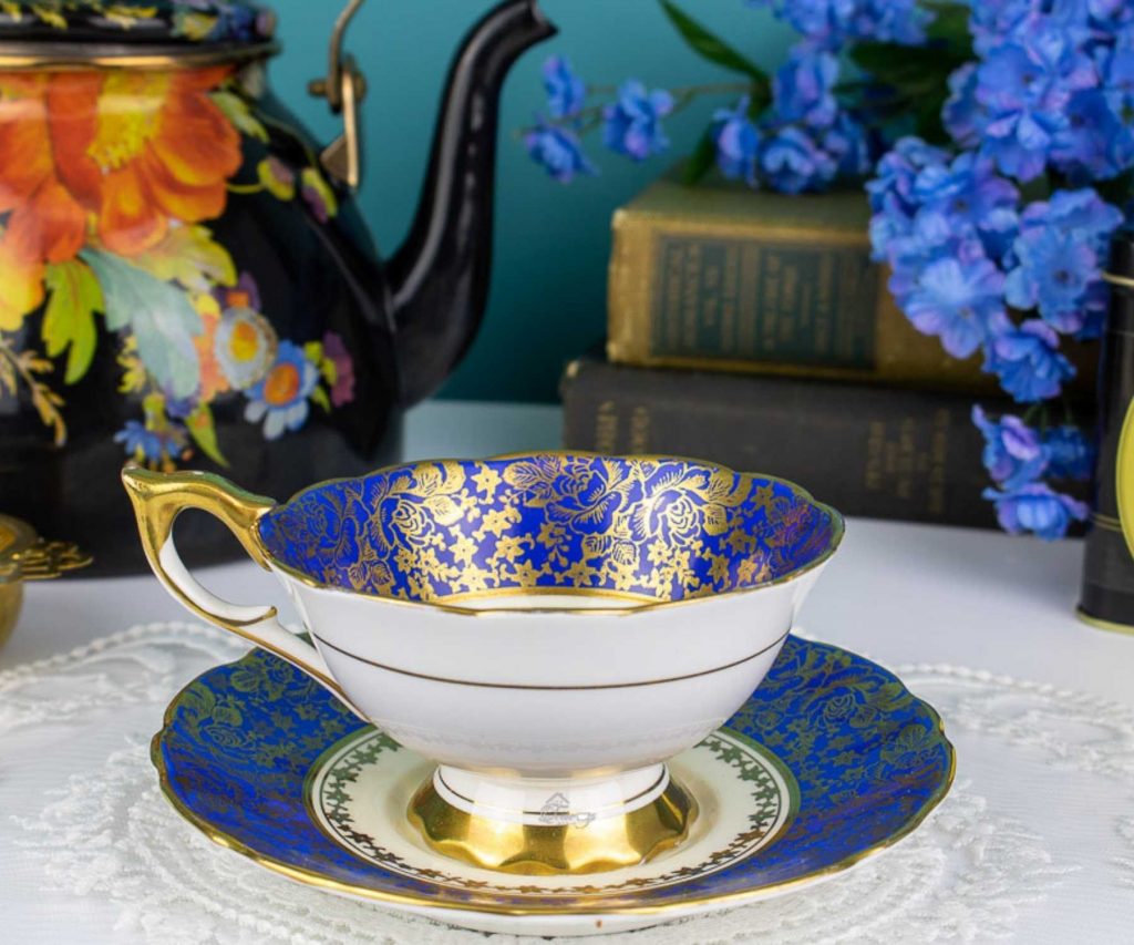 Royal Stafford Blue and Gold Teacup and Saucer The Teacup Attic